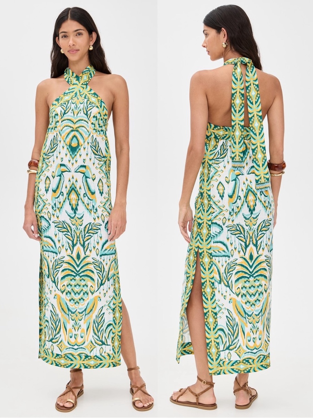 Farm Rio Tropical Tapestry Euroflax Premium Linen Maxi Dress Off White Small NWT